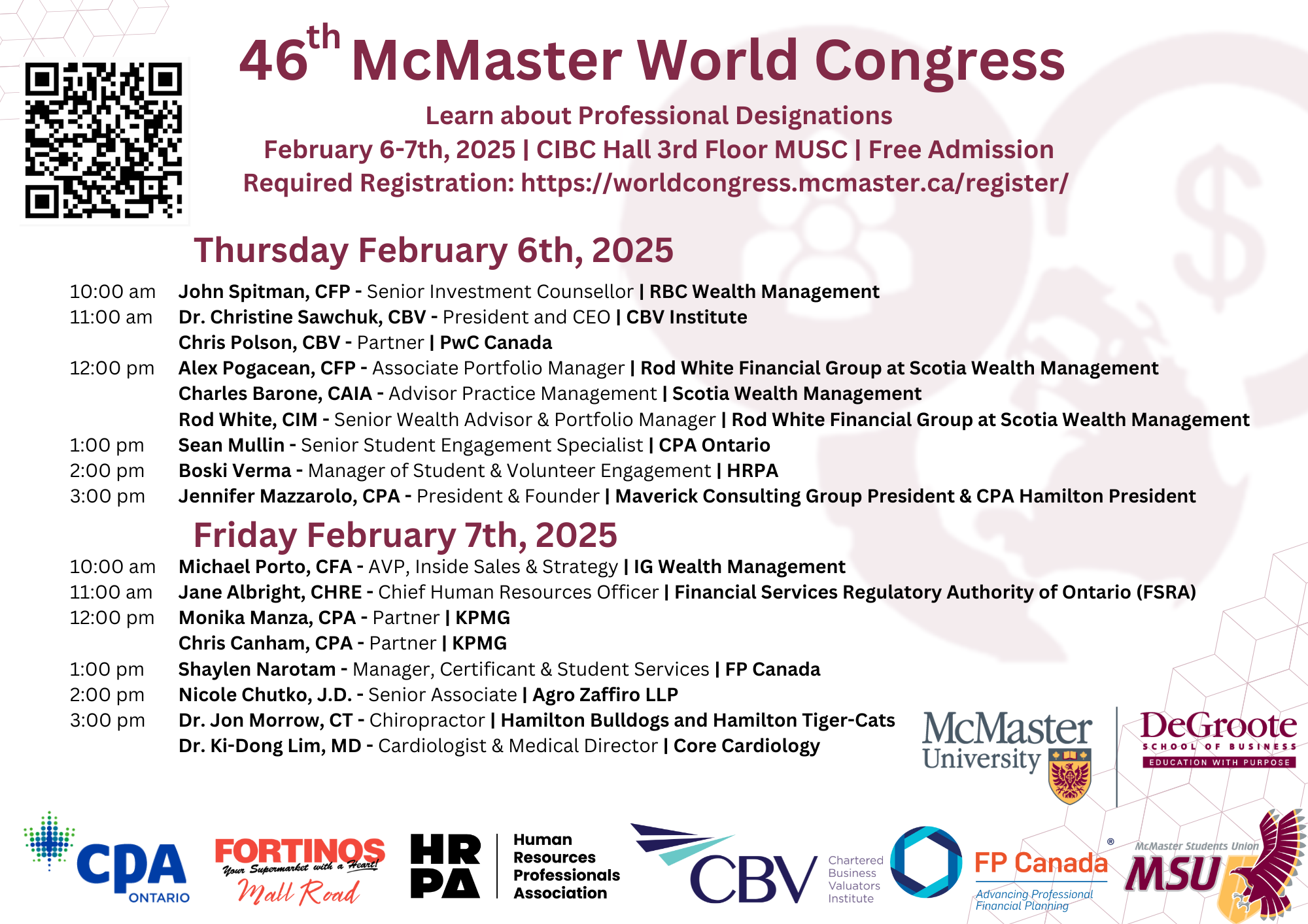 McMaster World Congress Schedule