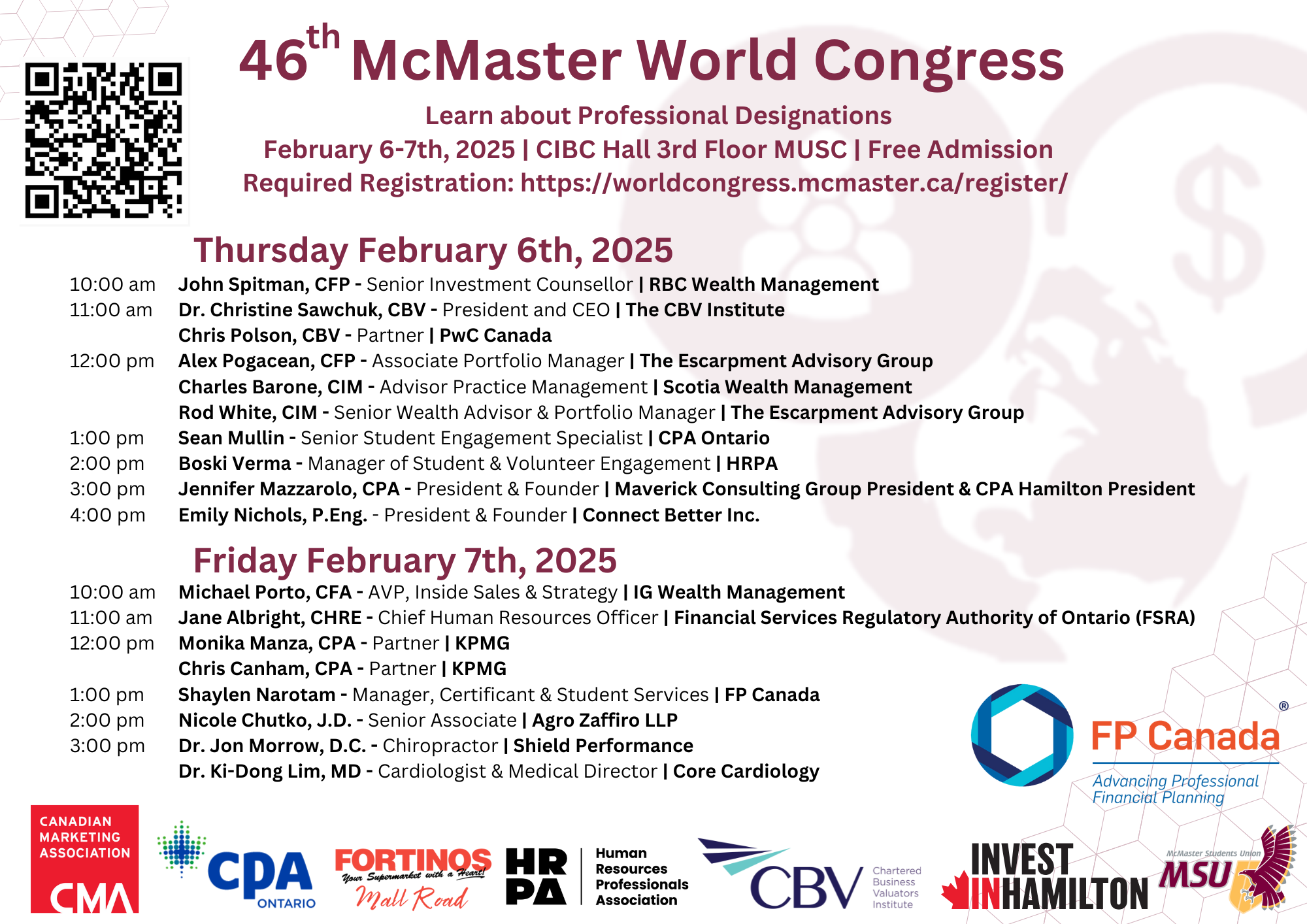 McMaster World Congress Schedule