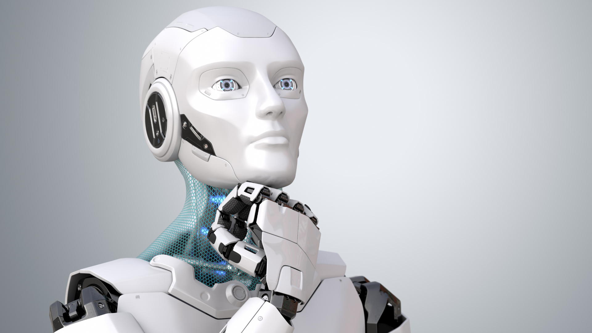 A blue and white-headed robot resembling a human, deep in thought and contemplation.
