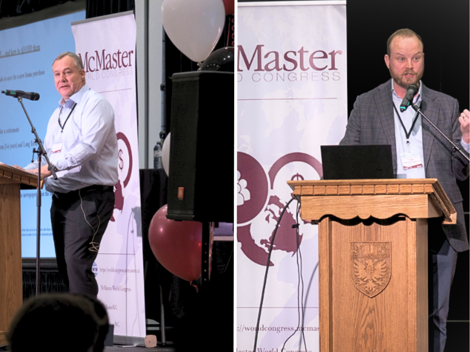 Two pictures of speakers at the McMaster World Congress giving a presentation.